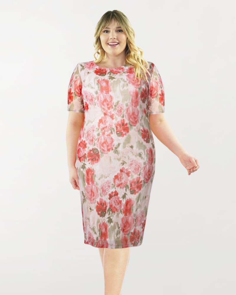 Front of a model wearing a size 4X Mesh Midi Sheath Dress in Pink by Marée Pour Toi. | dia_product_style_image_id:291087